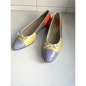 Ferragamo Multicolored Purple Green Gray Red Color Block Bow Ballet Flats WM 7.5